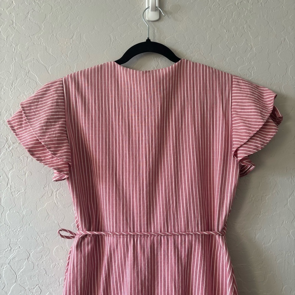 Francesca’s Harper Heritage Pink White Striped Ruffle Sleeve Wrap Dress Large - Picture 11 of 12
